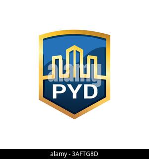 The shield logo with buildings and PYD initials is perfect for real estate, construction, or property firms seeking a bold, professional identity Stock Vector