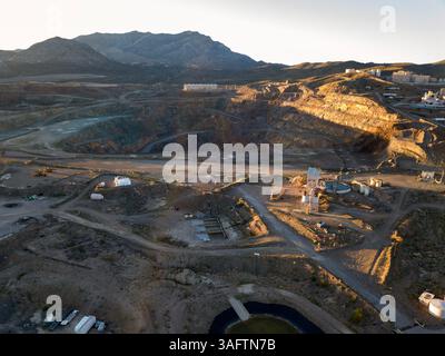 Molyco Mountain Pass rare earth mine, aerial photograph. This large open pit ...