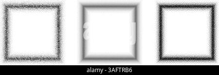 Black stippled square frame set. Dotted gradient border collection. Square picture holders for banner, copy space, collage, emblem, poster, template, box. Vector stipple frame element bundle Stock Vector
