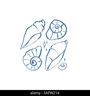 Hand drawn sea shells and stars poster template in doodle sketchy style. Line art sea shell vector composition Stock Vector