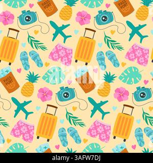 Seamless travel themed pattern with passports, luggage, cameras, pineapples, flowers. Vibrant flat design on pastel yellow background. Vector Stock Vector