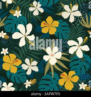Collage contemporary floral seamless pattern. Artistic modern exotic jungle fruits and plants. Stock Vector
