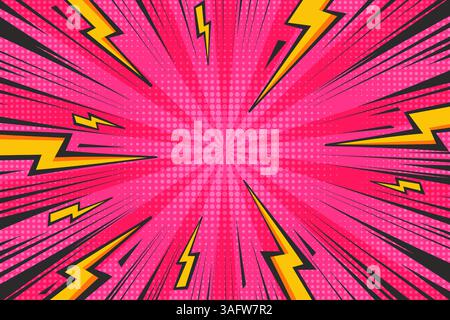 Cartoon comic background with lightnings and halftone effect. Pop art graphic with radial thunders. Pink abstract vector illustration with flash light Stock Vector