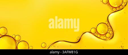 Oil texture forms bubble shapes, glistening yellow background with smooth wavy surface, floating circular golden elements. shiny fluid glossy pattern in bright amber color - petroleum closeup design. Stock Vector