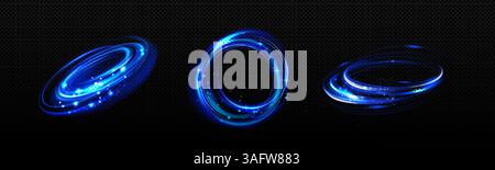 Blue glowing spiral vortex circles on dark background - shiny neon curves, light trails forming round frames. Bright colorful swirling lines, dynamic glowing rings, energy futuristic portal shapes. Stock Vector