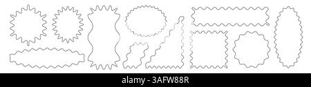 Black scallop line borders set isolated on white background. Vector realistic illustration of round, oval, triangle, rectangle shape wavy doodle boxes, blank corrugated stamps, serrated badges pack Stock Vector