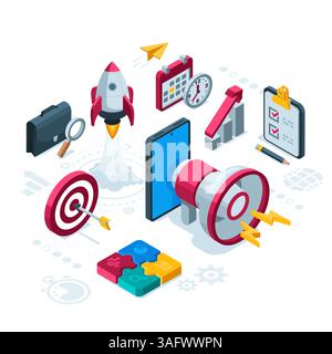 isometric business concept with a loudspeaker and a smartphone in color on a white background, a set of icons on the theme of success and progress Stock Vector