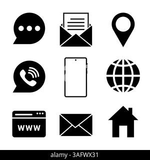 set of icons on the theme of contacts and calls in black on a white background, business card icons Stock Vector