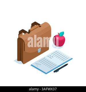 isometric school bag and notebook with a pen in color on a white background, back to school or start of the school year Stock Vector