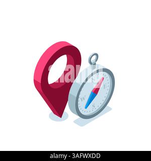 isometric compass and location icon in color on a white background, the right direction or finding a location Stock Vector