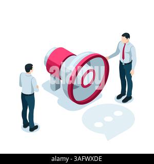 isometric men talking near the loudspeaker in color on a white background, promotion or advertising agent Stock Vector