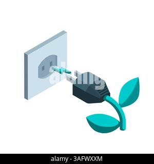 isometric socket and plug icon and a wire in the form of a plant with leaves in color on a white background, green energy or connection to clean energ Stock Vector