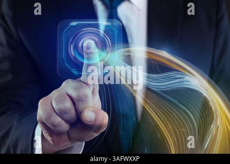 Close-up of male hand in suit pressing a glowing email icon on a digital interface, symbolizing modern communication, connectivity and technology. Stock Photo
