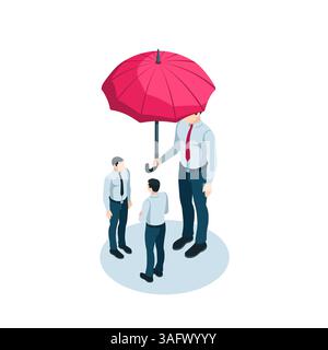 isometric man with umbrella closes others in color on white background, protection or care in business Stock Vector