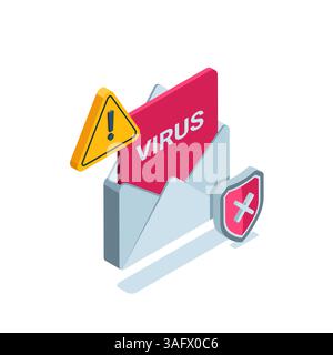 isometric envelope with virus in color on white background, virus digital security or hack protection Stock Vector