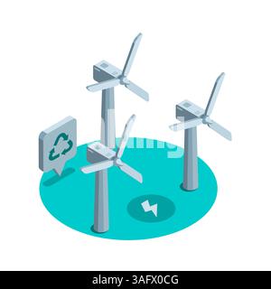 wind turbines isometric in color on white background, green energy or clean Stock Vector