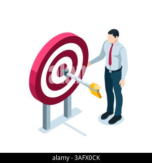 isometric man near the target with an arrow in color on a white background, hitting the target or reaching the goal in business Stock Vector
