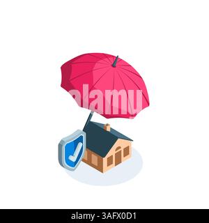isometric house under an umbrella and a shield with a tick in color on a white background, reliable home insurance Stock Vector