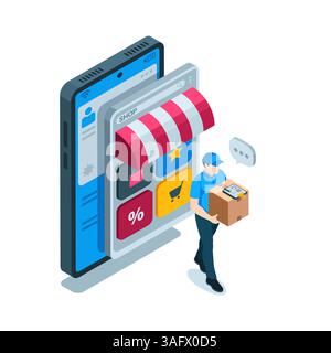 isometric courier with a box and a smartphone with an open online store application in color on a white background, delivery of online orders Stock Vector
