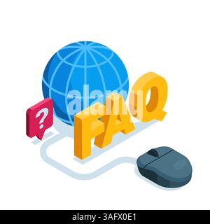 isometric globe and computer mouse with word faq in color on white background, internet reference service or global database Stock Vector