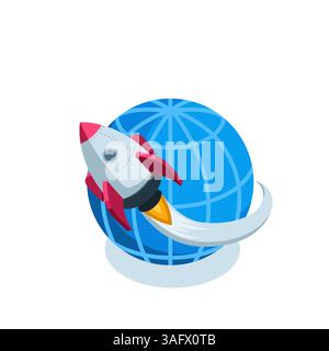 isometric rocket flies around the globe in color on a white background, startup or earth orbit entry Stock Vector