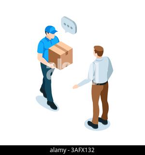 isometric courier with a box and a man waiting for a parcel in color on a white background, home delivery or address Stock Vector