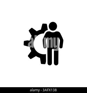 human and gear icon in black on white background, human data processing or training Stock Vector