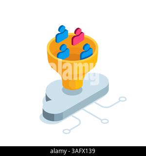 isometric watering can into the funnel of which people icons fall in color on a white background, user data storage cloud Stock Vector