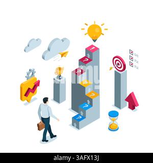 isometric man walks to the steps on top of which a light bulb shines in color on a white background, target icons with an arrow and a trophy, the path Stock Vector