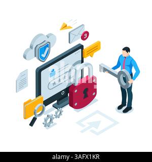 isometric man with a key near the lock on the computer screen in color on a white background, logging into an account or entering a data protection pa Stock Vector