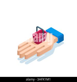 isometric hand and shopping cart with word sale in color on white background, promotion or discount offer Stock Vector
