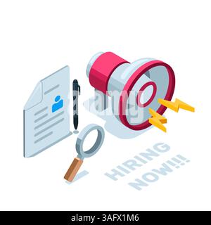 isometric loudspeaker and magnifier with application form sheet in color on white background, job advertisement or hiring Stock Vector