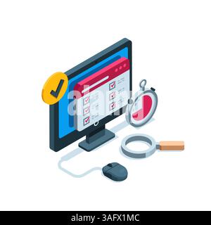isometric computer with program window and test in color on white background, online testing or school exam Stock Vector