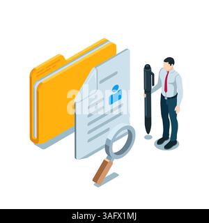 isometric profile and a man with a pen in color on a white background, a sheet of paper with text and a person icon, personal data Stock Vector