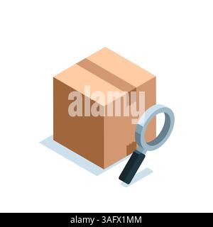 isometric box and magnifier in color on white background, package tracking or search Stock Vector