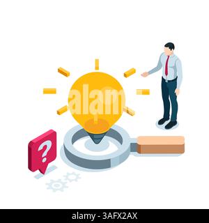isometric light bulb icon over magnifying glass and man in color on white background, business idea or search for an idea Stock Vector