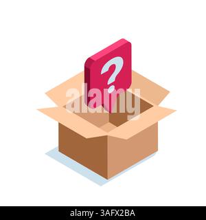isometric open box with text bubble and question mark in color on white background, mystery box Stock Vector