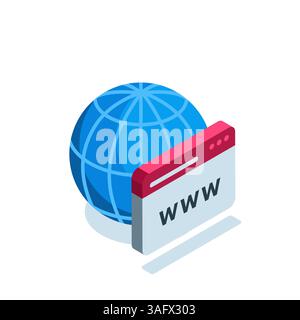 isometric globe and browser window in color on a white background, web page Stock Vector