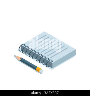 isometric notepad and pencil in color on a white background, stationery and school supplies, make notes Stock Vector