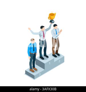 isometric men on a pedestal in color on a white background, winning a business competition or achieving success Stock Vector