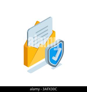 isometric shield with check mark and envelope in color on white background, secure email or letter Stock Vector