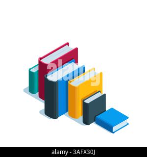 isometric books in color on a white background, school textbooks or library books Stock Vector