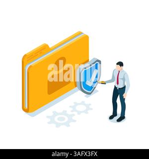 isometric man with a phone near a personal folder and a shield with a tick in color on a white background, safe work with personal data Stock Vector