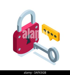 isometric lock and key in color on a white background, strong protection or password Stock Vector