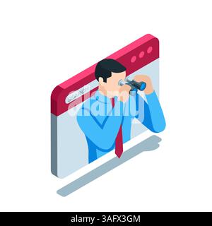 isometric man looking through binoculars in the browser window in color on a white background, search or watch on the internet Stock Vector