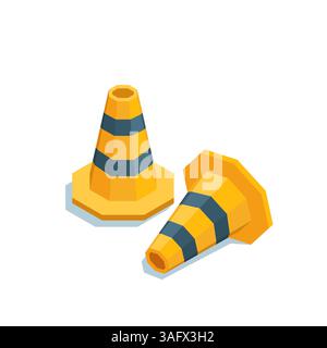 isometric traffic cones in color on white background, fenced area or road works Stock Vector
