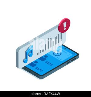 isometric smartphone and text bubble with note icon in color on white background, smartphone app voice message Stock Vector