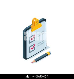 isometric tablet icon with checkmarks and pencil in color on a white background, plan or completed test Stock Vector