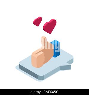 isometric like and heart icon on text bubble in color on white background, social media or internet praise Stock Vector