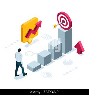 isometric man walking towards growing chart and target icons with arrow in color on white background, steps to business success or winning strategy Stock Vector
